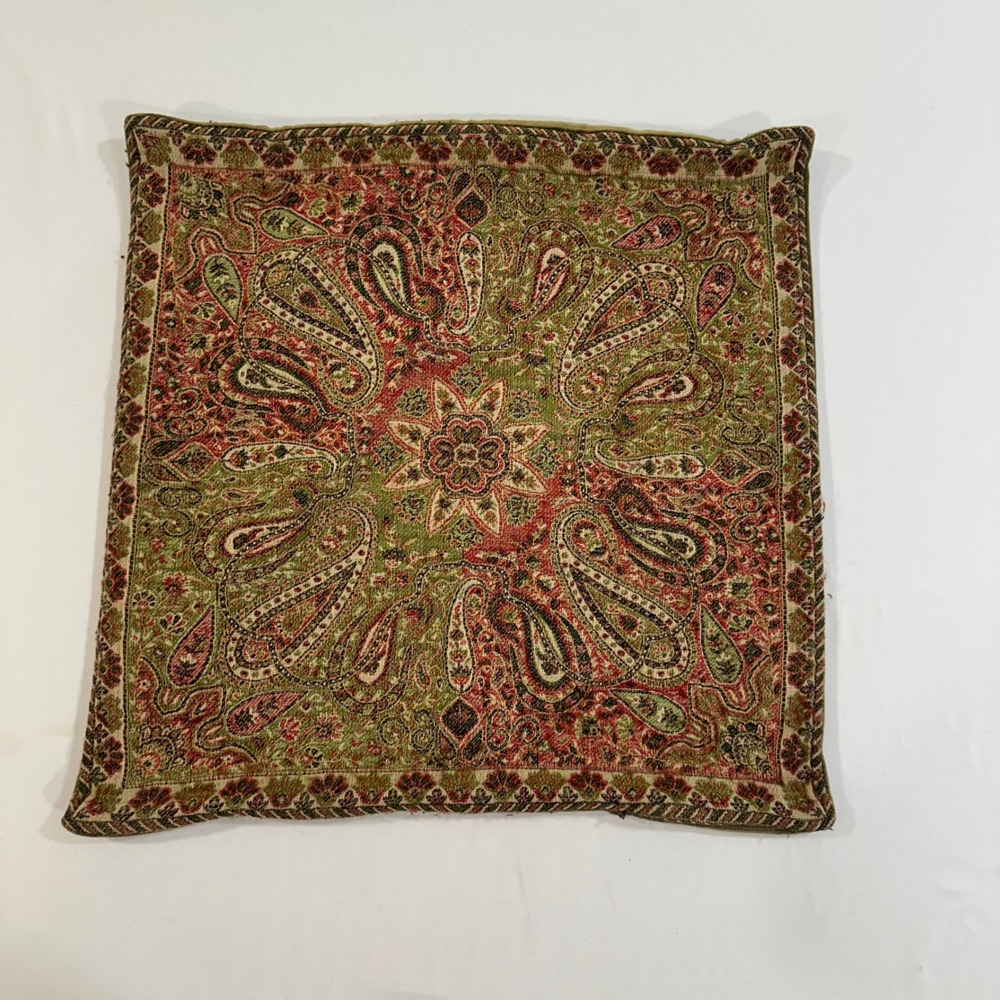 Pottery Barn Paisley Tapestry Pillow Cover 18x18 Wool Blend Olive Green Velvet